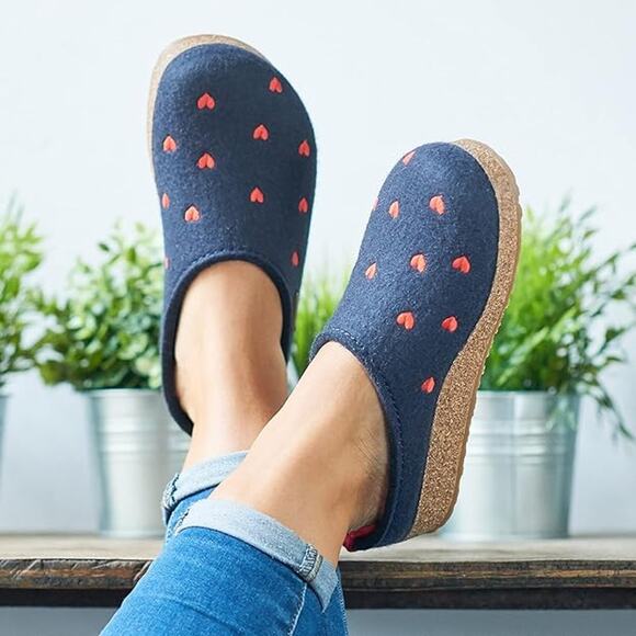 Haflinger Womens 38 Blue Cuoricini Heart Wool Felt Clog Slipper Comfort LB1-37 - Picture 1 of 6